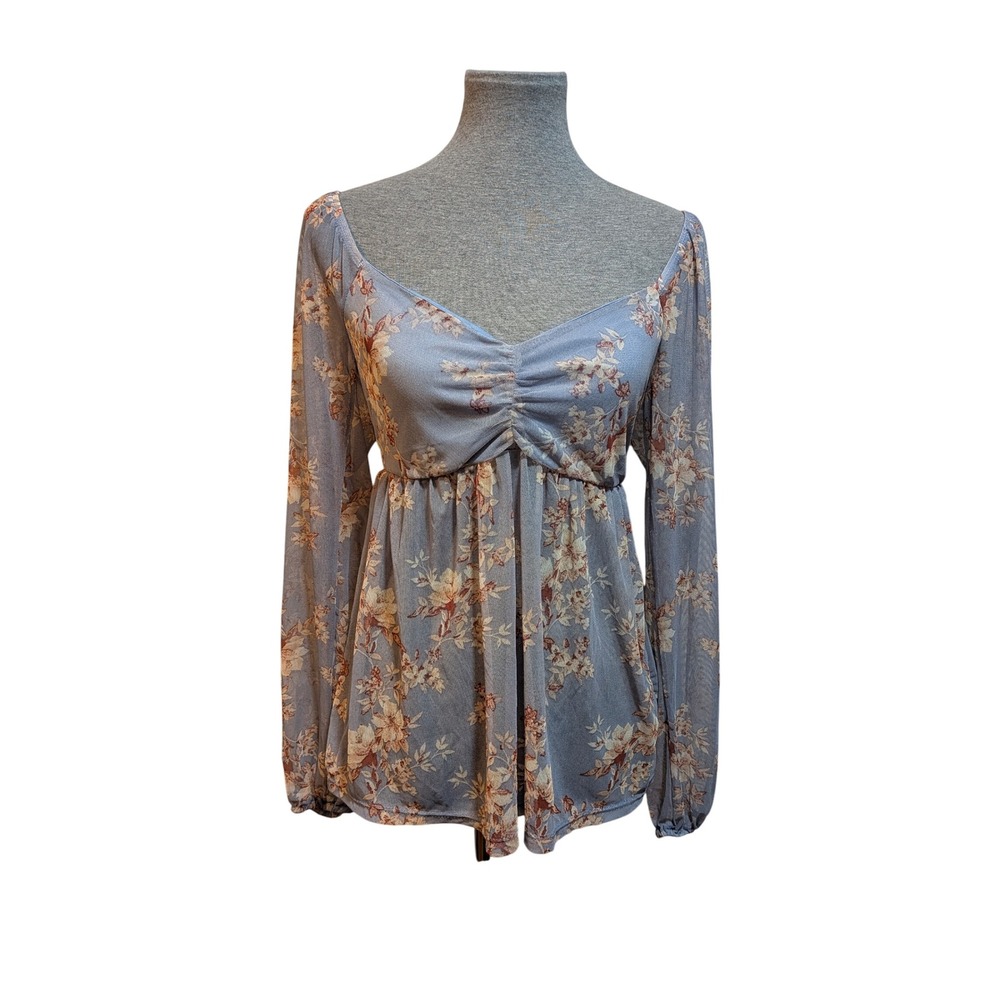rue21 M Y2K Babydoll Coquette Baby Blue Floral SemiSheer Blouse Fairy Whimsy New